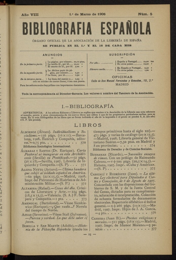 Miniatura de Bibliografía Española del 1 de marzo de 1908