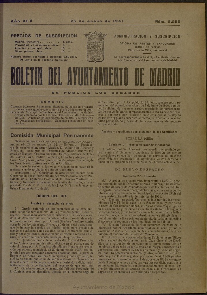 Miniatura de Boletín Oficial del Ayuntamiento de Madrid del 25 de enero de 1941, nº 2296