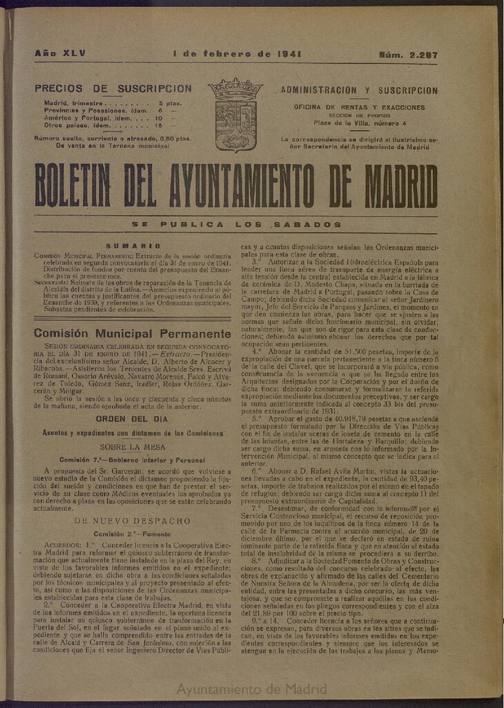 Miniatura de Boletín Oficial del Ayuntamiento de Madrid del 1 de febrero de 1941, nº 2297