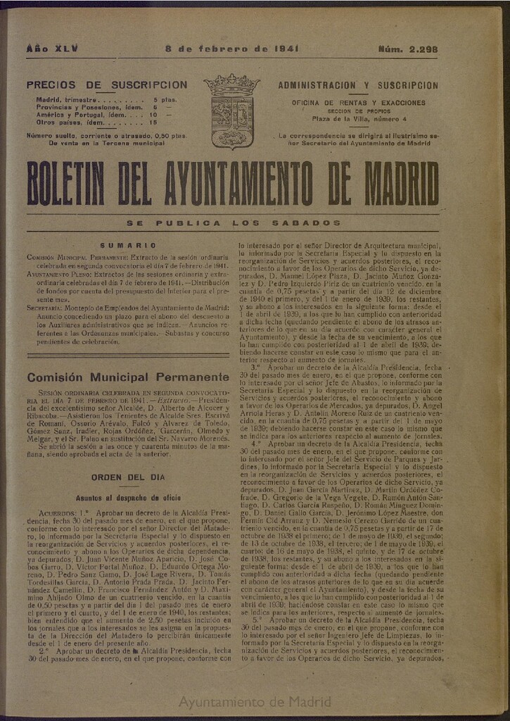 Miniatura de Boletín Oficial del Ayuntamiento de Madrid del 8 de febrero de 1941, nº 2298
