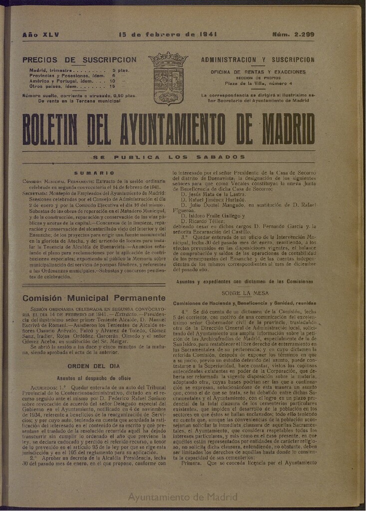 Miniatura de Boletín Oficial del Ayuntamiento de Madrid del 15 de febrero de 1941, nº 2299