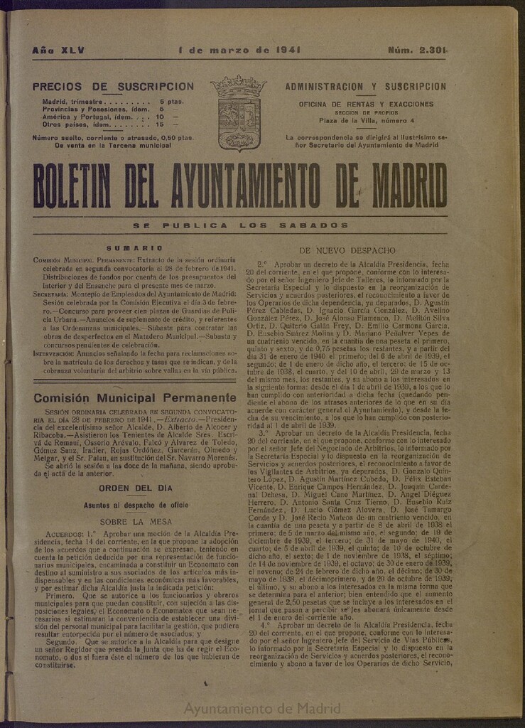 Miniatura de Boletín Oficial del Ayuntamiento de Madrid del 1 de marzo de 1941, nº 2301