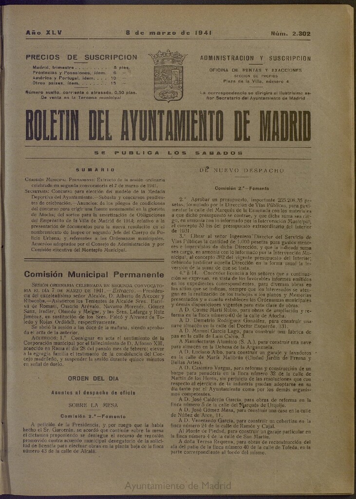 Miniatura de Boletín Oficial del Ayuntamiento de Madrid del 8 de marzo de 1941, nº 2302