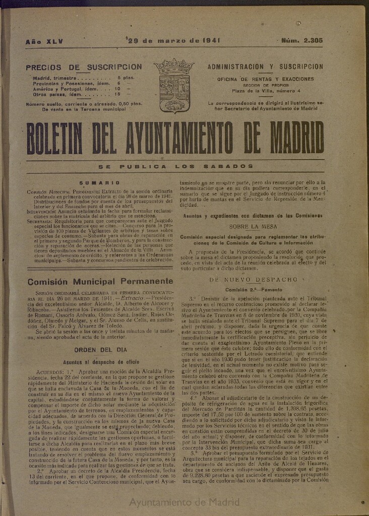 Miniatura de Boletín Oficial del Ayuntamiento de Madrid del 29 de marzo de 1941, nº 2305
