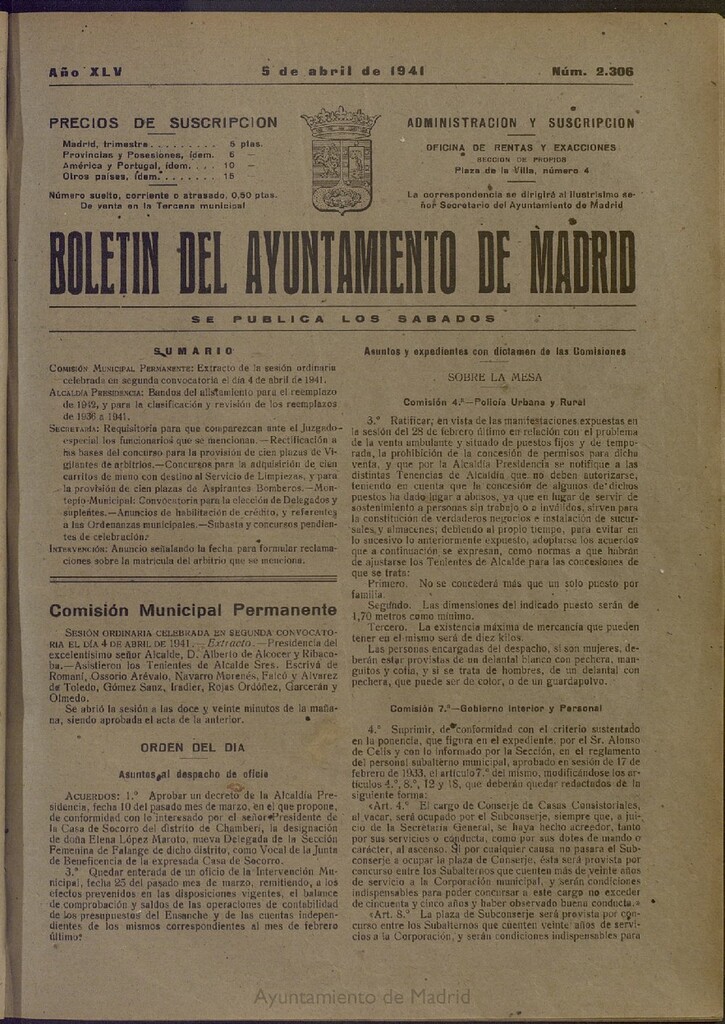 Miniatura de Boletín Oficial del Ayuntamiento de Madrid del 5 de abril de 1941, nº 2306