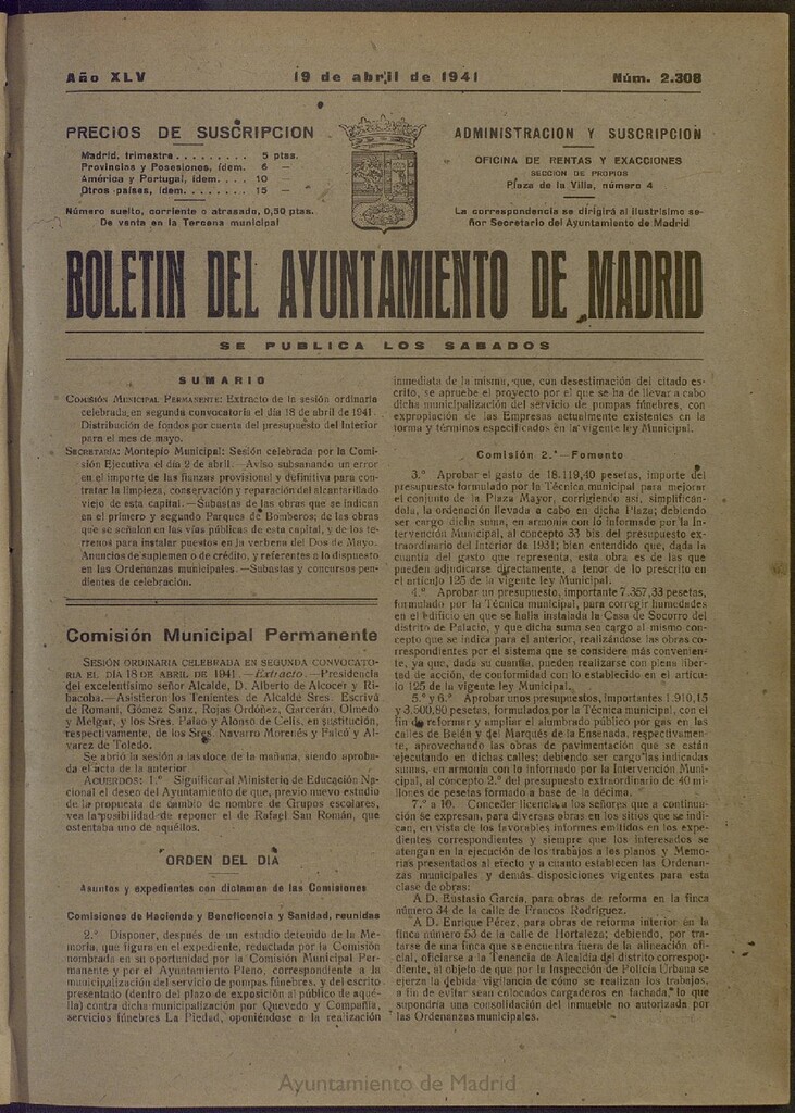 Miniatura de Boletín Oficial del Ayuntamiento de Madrid del 19 de abril de 1941, nº 2308
