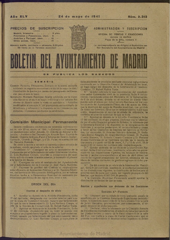 Miniatura de Boletín Oficial del Ayuntamiento de Madrid del 24 de mayo de 1941, nº 2313