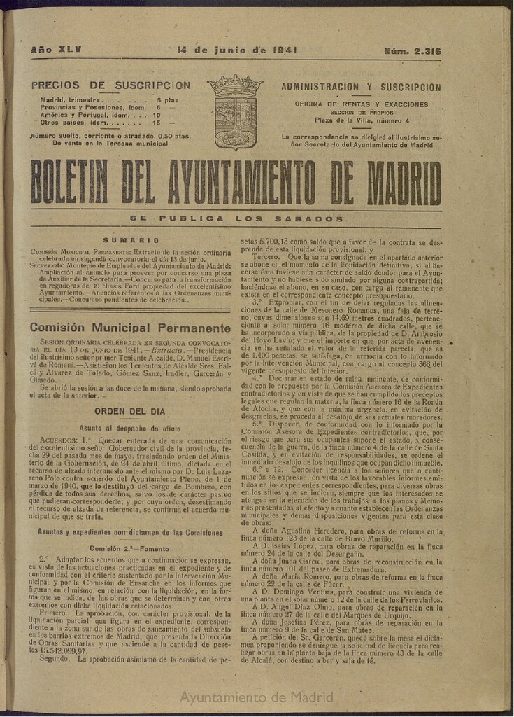 Miniatura de Boletín Oficial del Ayuntamiento de Madrid del 14 de junio de 1941, nº 2316