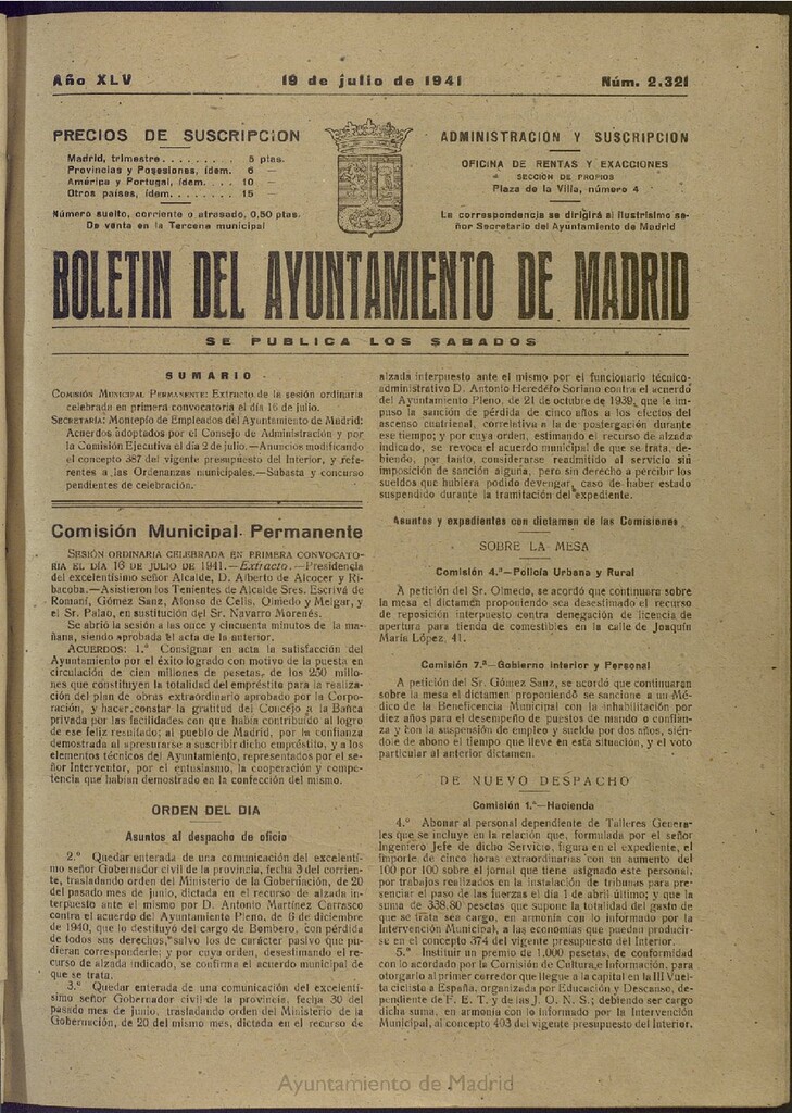 Miniatura de Boletín Oficial del Ayuntamiento de Madrid del 19 de julio de 1941, nº 2321