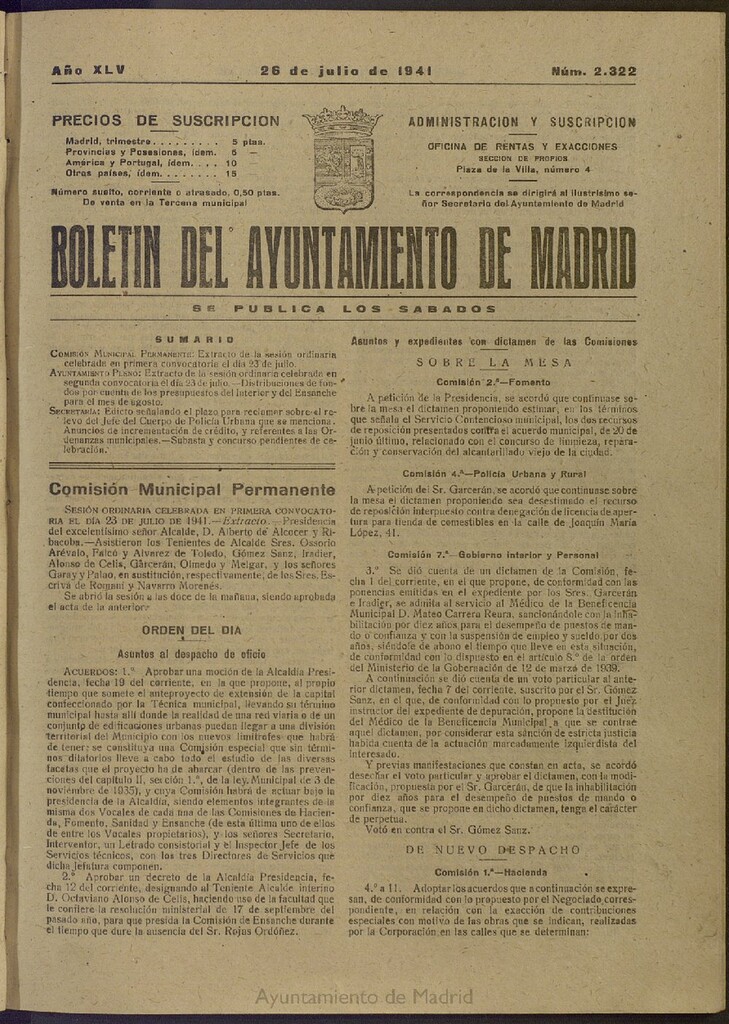 Miniatura de Boletín Oficial del Ayuntamiento de Madrid del 26 de julio de 1941, nº 2322