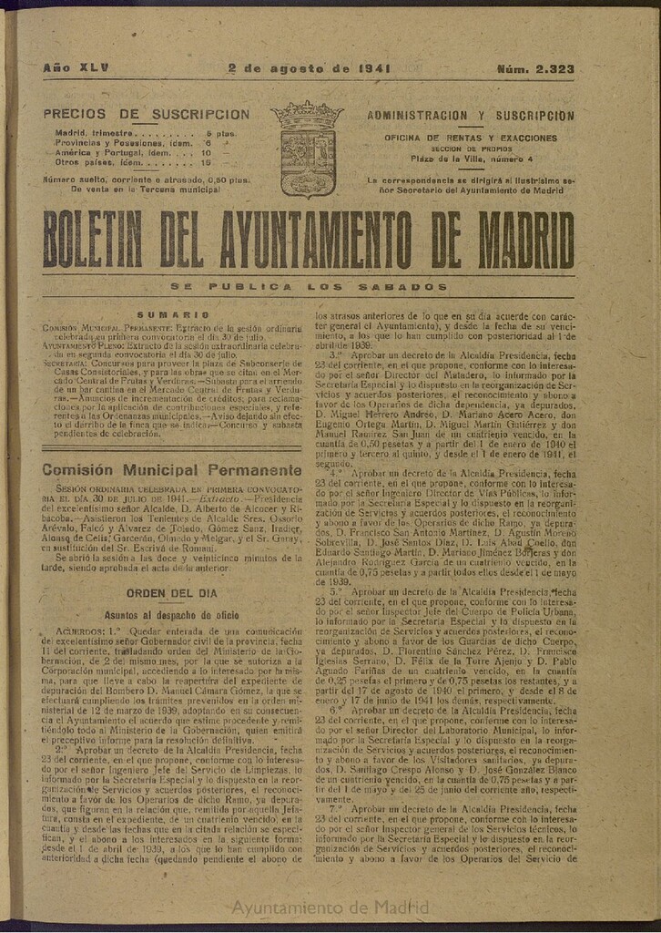 Miniatura de Boletín Oficial del Ayuntamiento de Madrid del 2 de agosto de 1941, nº 2323