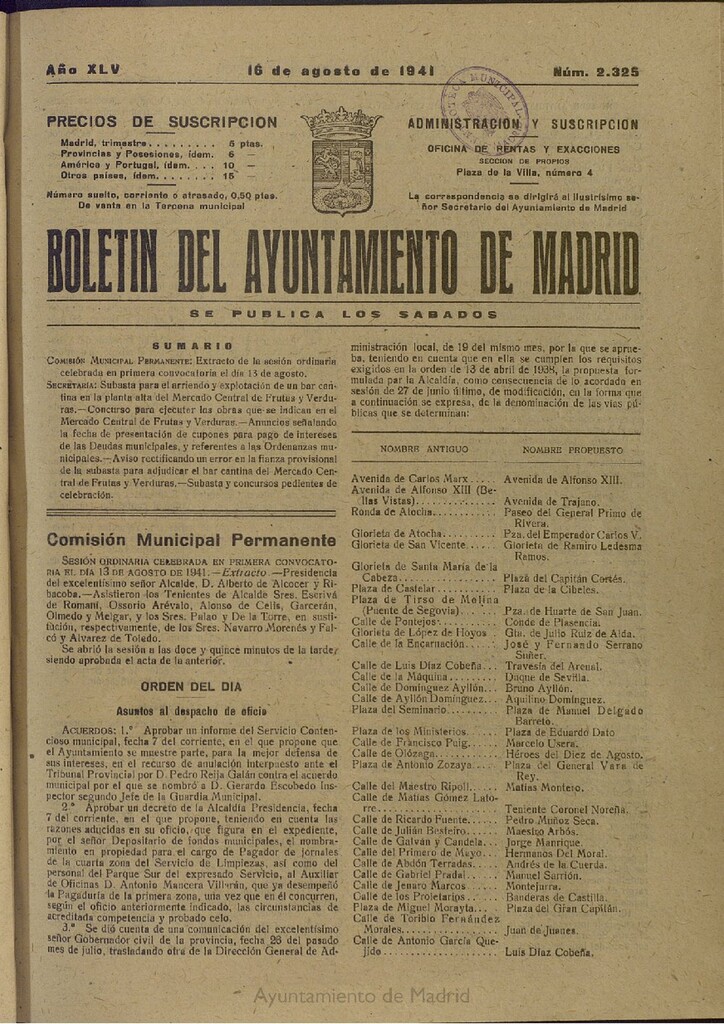 Miniatura de Boletín Oficial del Ayuntamiento de Madrid del 16 de agosto de 1941, nº 2325