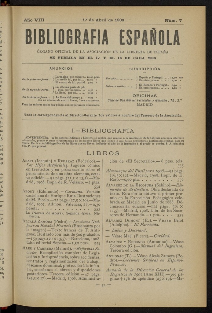 Miniatura de Bibliografía Española del 1 de abril de 1908