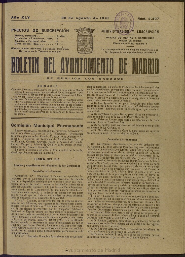 Miniatura de Boletín Oficial del Ayuntamiento de Madrid del 30 de agosto de 1941, nº 2327