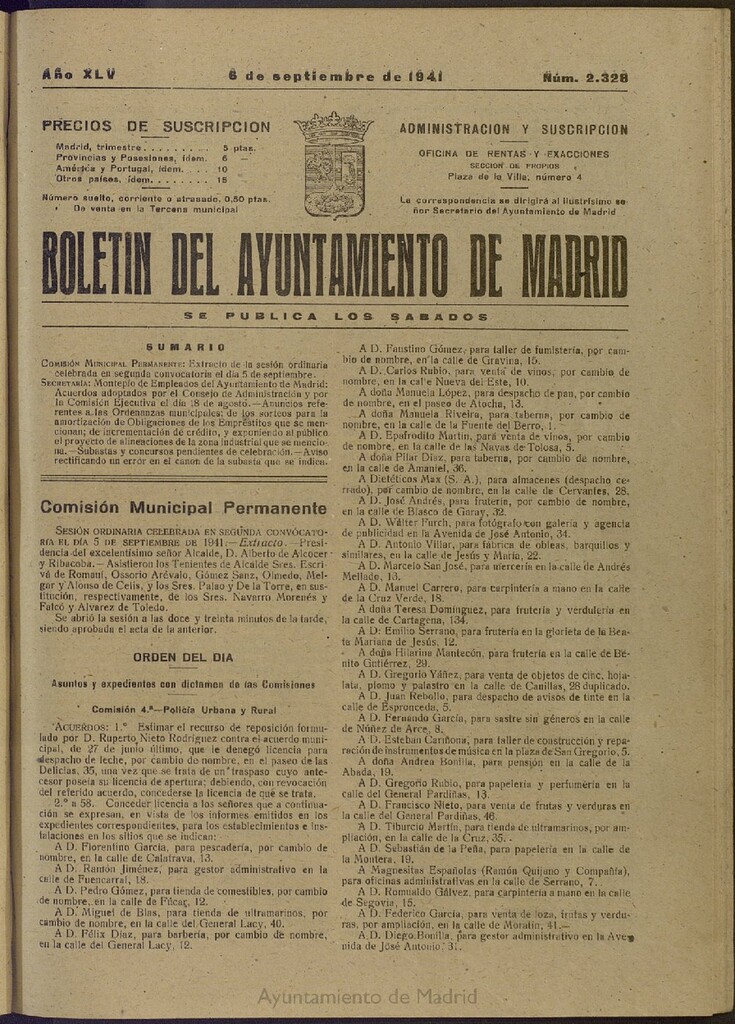 Miniatura de Boletín Oficial del Ayuntamiento de Madrid del 6 de septiembre de 1941, nº 2328