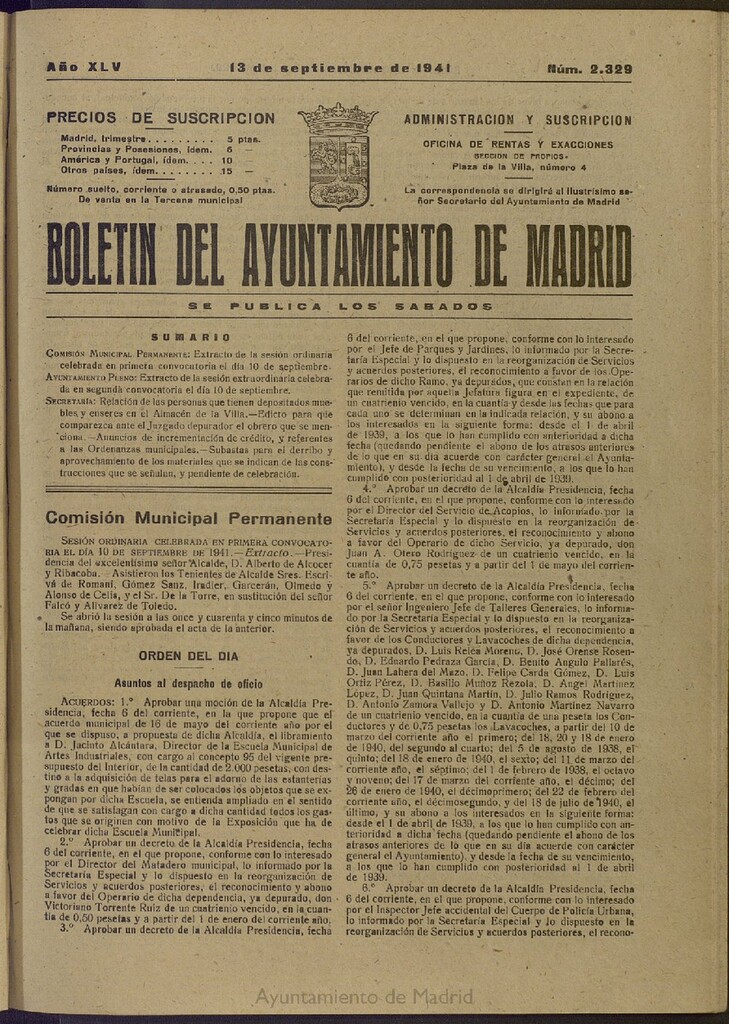 Miniatura de Boletín Oficial del Ayuntamiento de Madrid del 13 de septiembre de 1941, nº 2329