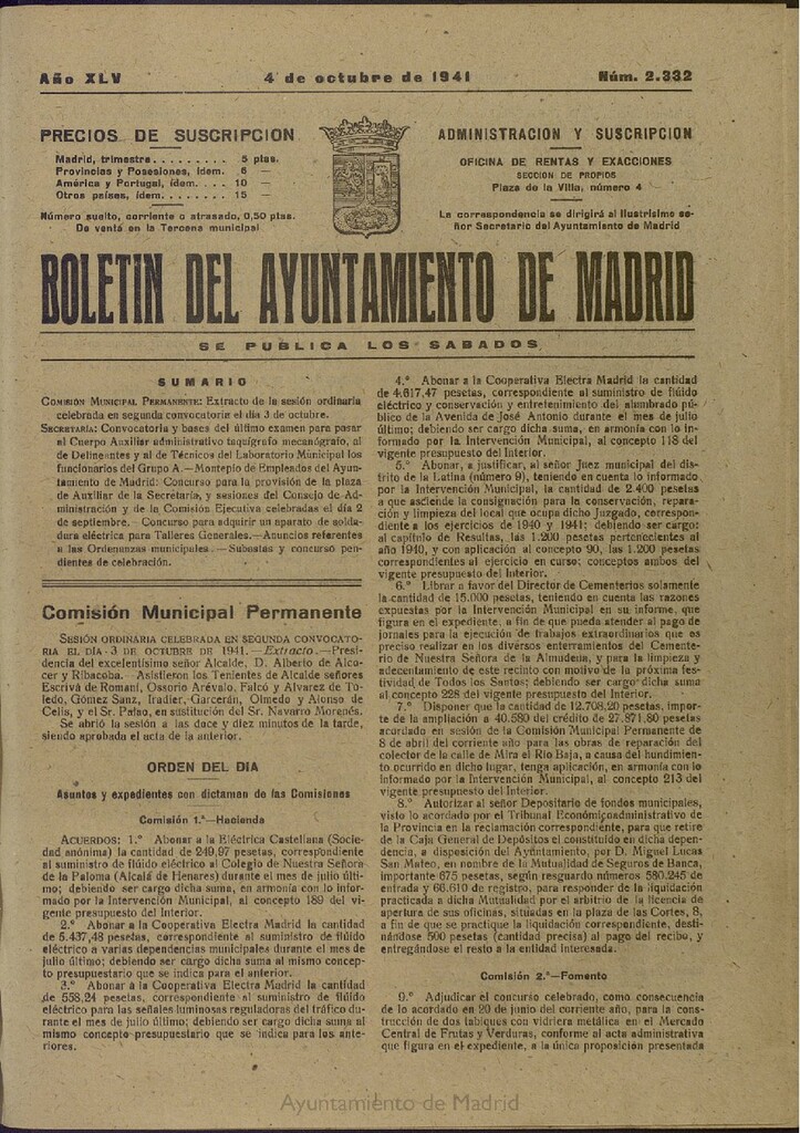 Miniatura de Boletín Oficial del Ayuntamiento de Madrid del 4 de octubre de 1941, nº 2332