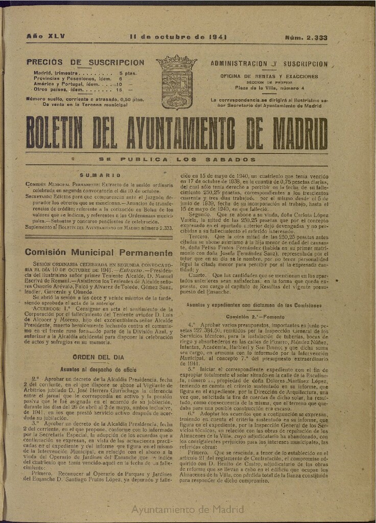 Miniatura de Boletín Oficial del Ayuntamiento de Madrid del 11 de octubre de 1941, nº 2333