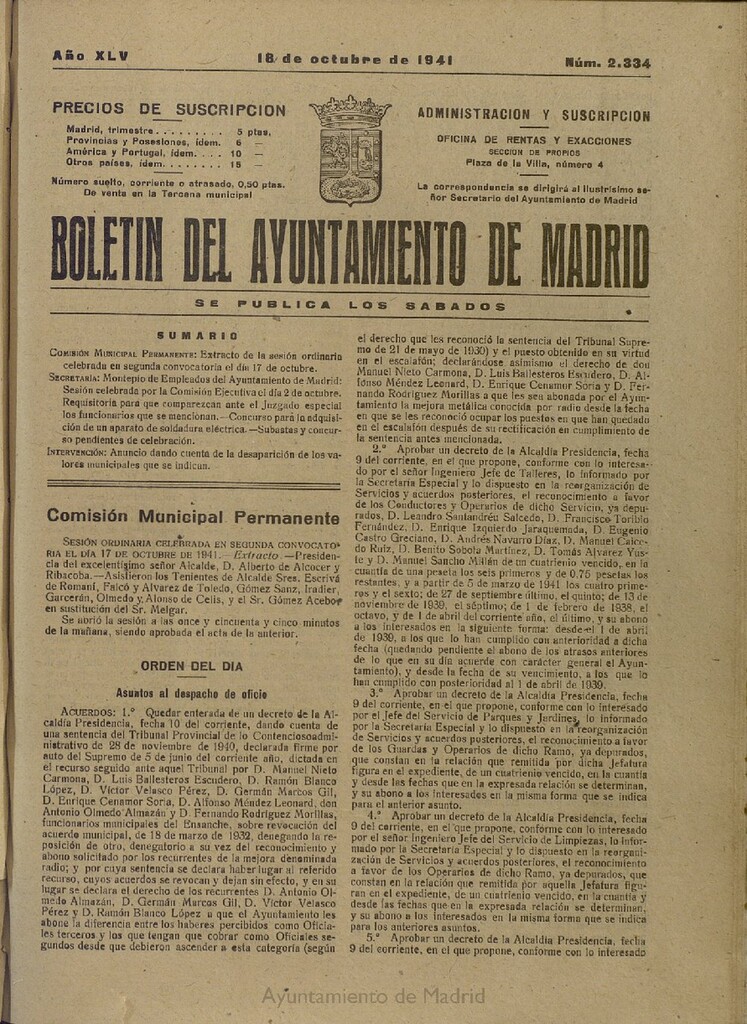 Miniatura de Boletín Oficial del Ayuntamiento de Madrid del 18 de octubre de 1941, nº 2334