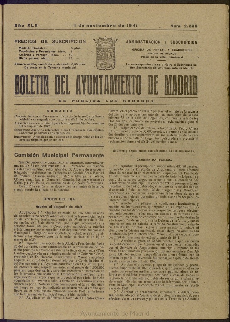 Miniatura de Boletín Oficial del Ayuntamiento de Madrid del 1 de noviembre de 1941, nº 2336