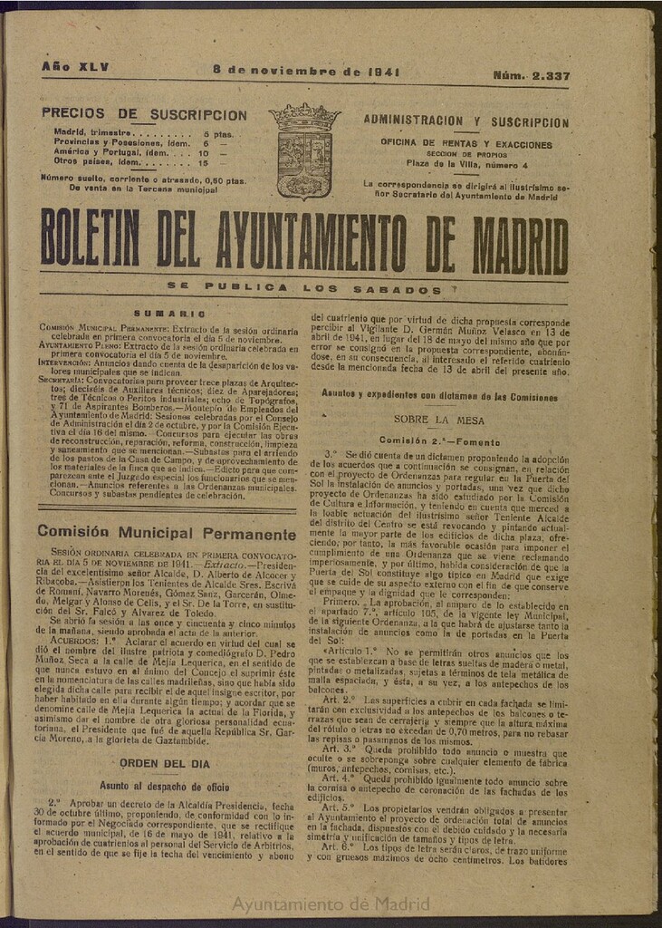 Miniatura de Boletín Oficial del Ayuntamiento de Madrid del 8 de noviembre de 1941, nº 2337