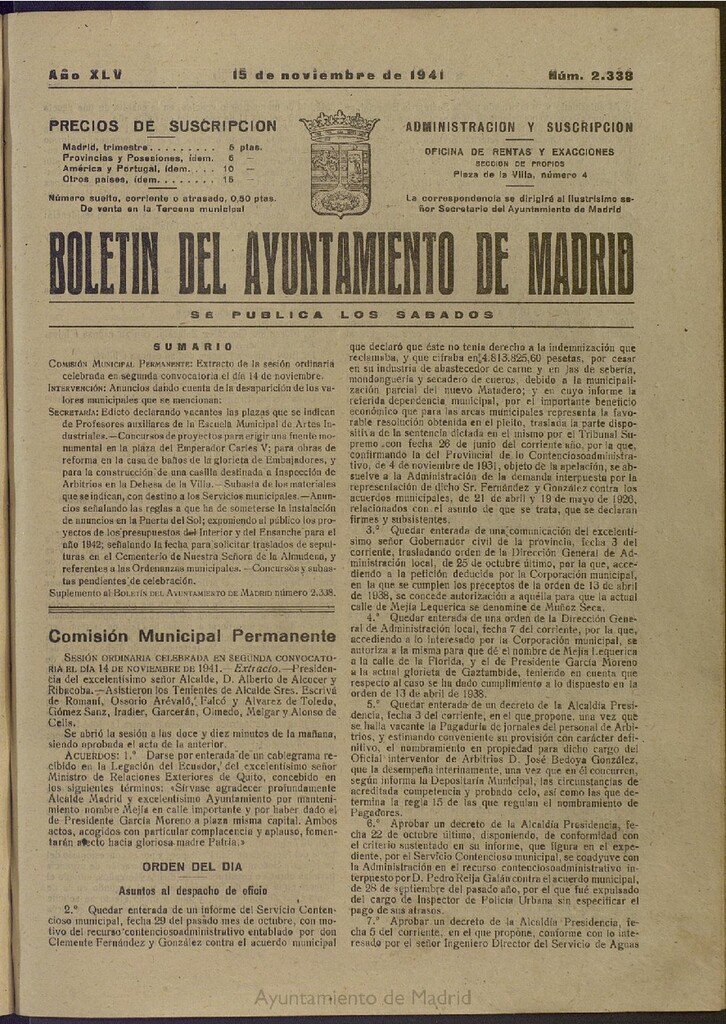 Miniatura de Boletín Oficial del Ayuntamiento de Madrid del 15 de noviembre de 1941, nº 2338