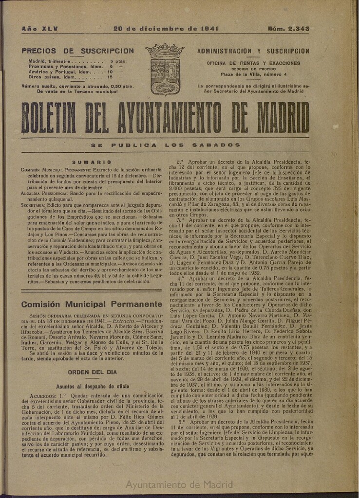 Miniatura de Boletín Oficial del Ayuntamiento de Madrid del 20 de diciembre de 1941, nº 2343