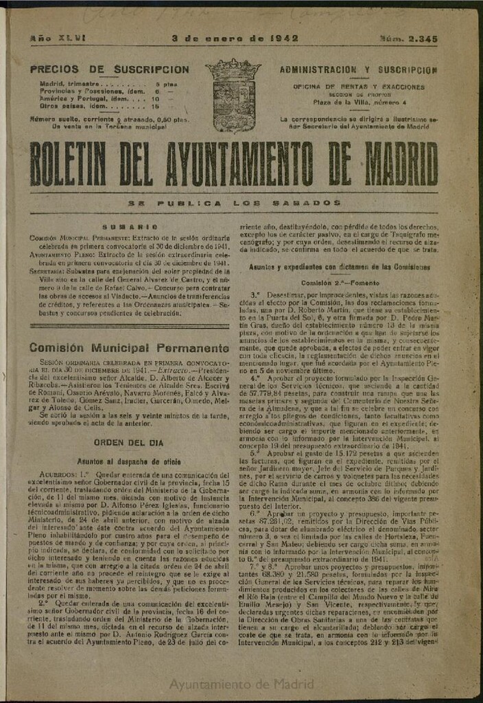 Miniatura de Boletín Oficial del Ayuntamiento de Madrid del 3 de enero de 1942, nº 2345