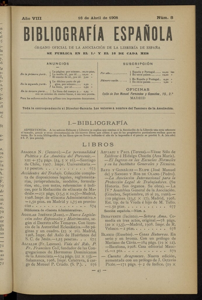 Miniatura de Bibliografía Española del 16 de abril de 1908