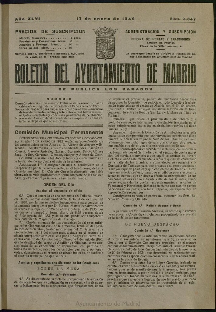 Miniatura de Boletín Oficial del Ayuntamiento de Madrid del 17 de enero de 1942, nº 2347
