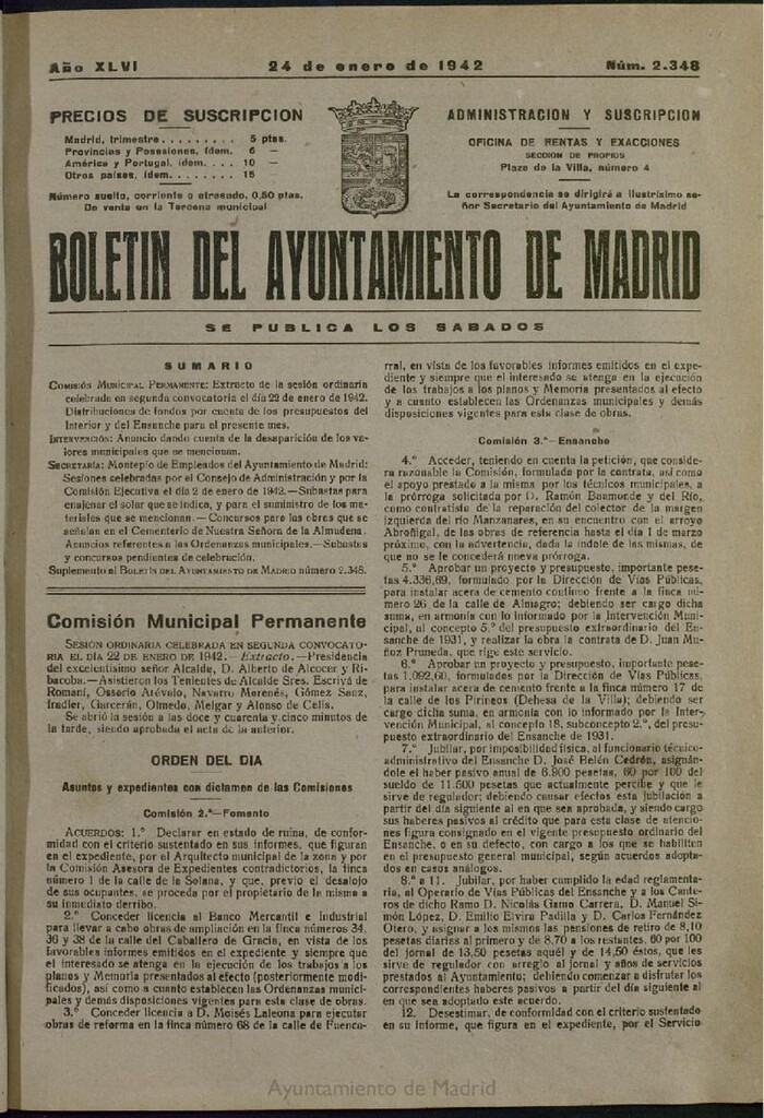 Miniatura de Boletín Oficial del Ayuntamiento de Madrid del 24 de enero de 1942, nº 2348