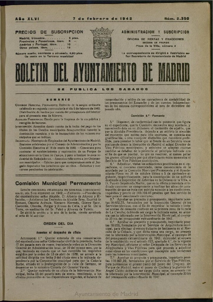 Miniatura de Boletín Oficial del Ayuntamiento de Madrid del 7 de febrero de 1942, nº 2350