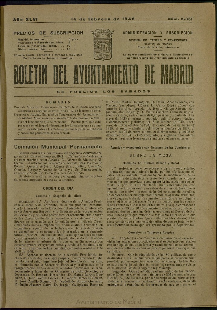 Miniatura de Boletín Oficial del Ayuntamiento de Madrid del 14 de febrero de 1942, nº 2351