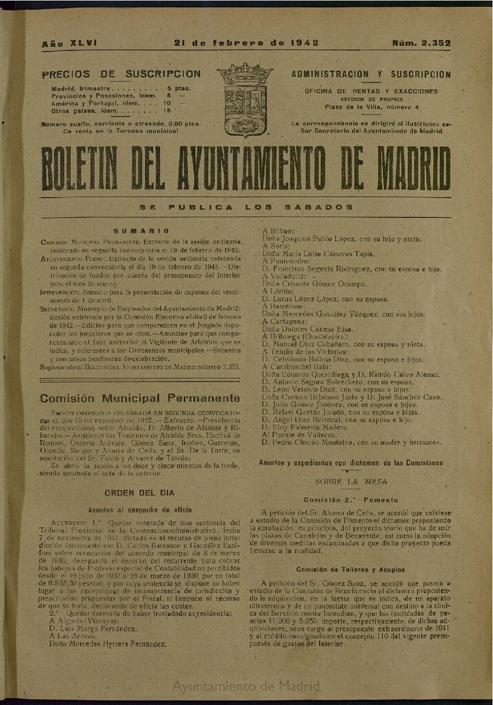 Miniatura de Boletín Oficial del Ayuntamiento de Madrid del 21 de febrero de 1942, nº 2352