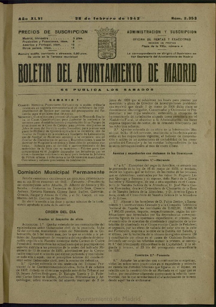 Miniatura de Boletín Oficial del Ayuntamiento de Madrid del 28 de febrero de 1942, nº 2353