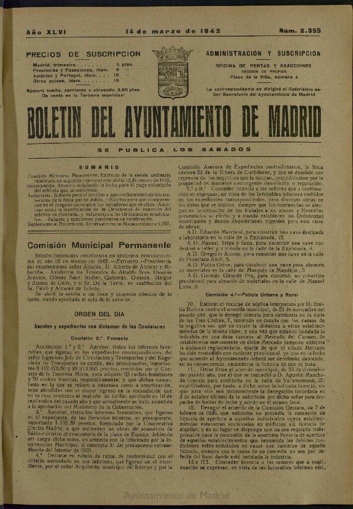 Miniatura de Boletín Oficial del Ayuntamiento de Madrid del 14 de marzo de 1942, nº 2355