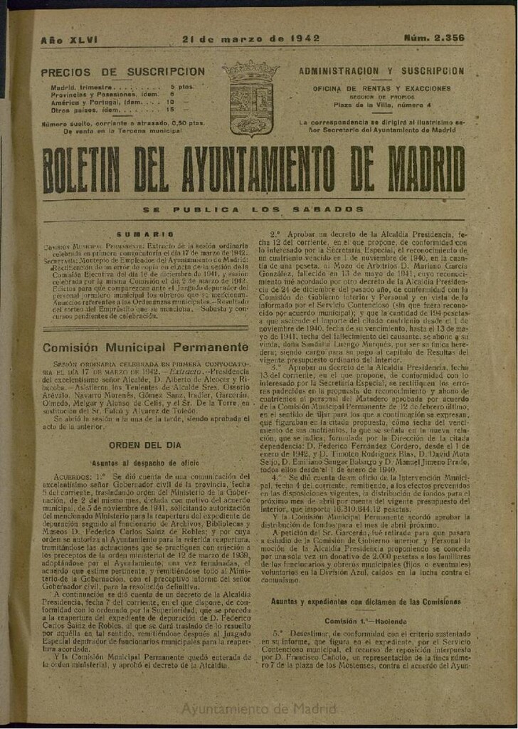 Miniatura de Boletín Oficial del Ayuntamiento de Madrid del 21 de marzo de 1942, nº 2356