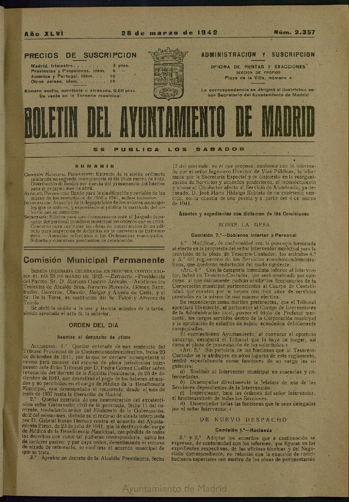 Miniatura de Boletín Oficial del Ayuntamiento de Madrid del 28 de marzo de 1942, nº 2357