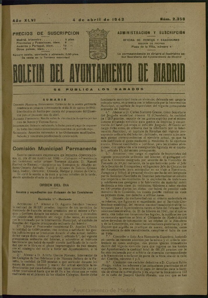 Miniatura de Boletín Oficial del Ayuntamiento de Madrid del 4 de abril de 1942, nº 2358