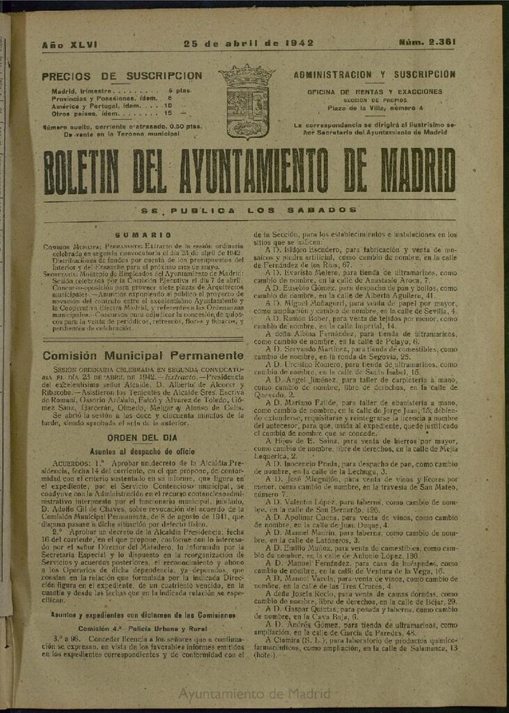 Miniatura de Boletín Oficial del Ayuntamiento de Madrid del 25 de abril de 1942, nº 2361