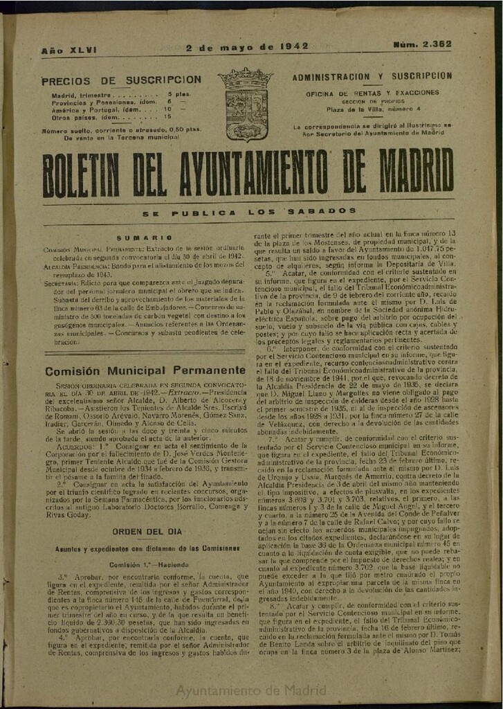 Miniatura de Boletín Oficial del Ayuntamiento de Madrid del 2 de mayo de 1942, nº 2362