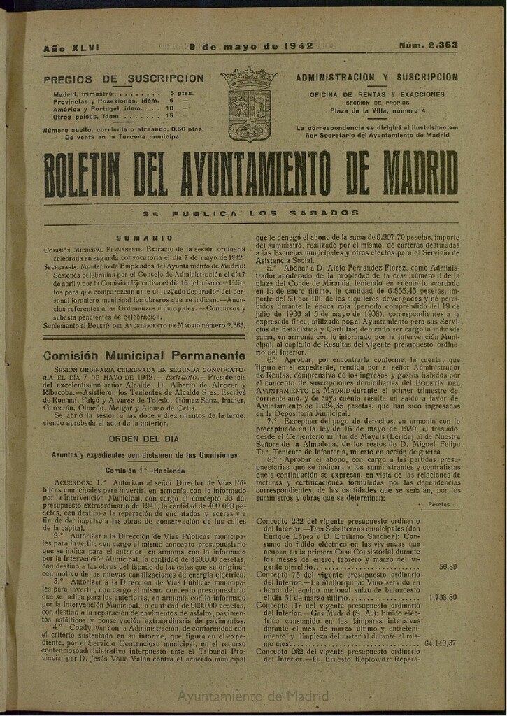 Miniatura de Boletín Oficial del Ayuntamiento de Madrid del 9 de mayo de 1942, nº 2363