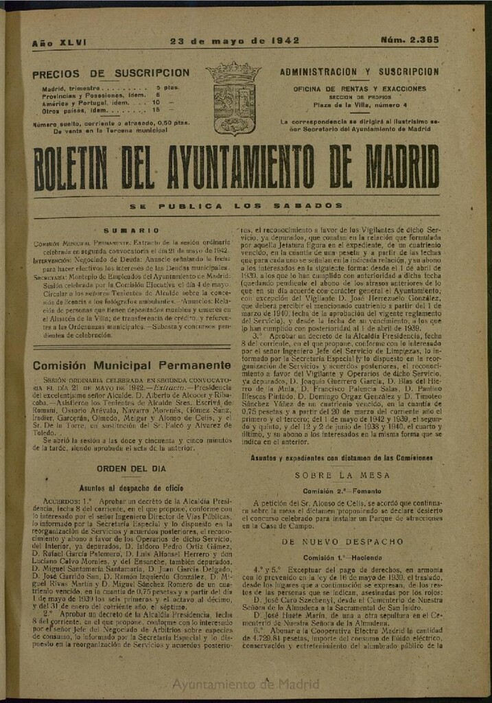 Miniatura de Boletín Oficial del Ayuntamiento de Madrid del 23 de mayo de 1942, nº 2365