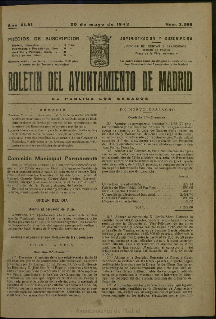 Miniatura de Boletín Oficial del Ayuntamiento de Madrid del 30 de mayo de 1942, nº 2366