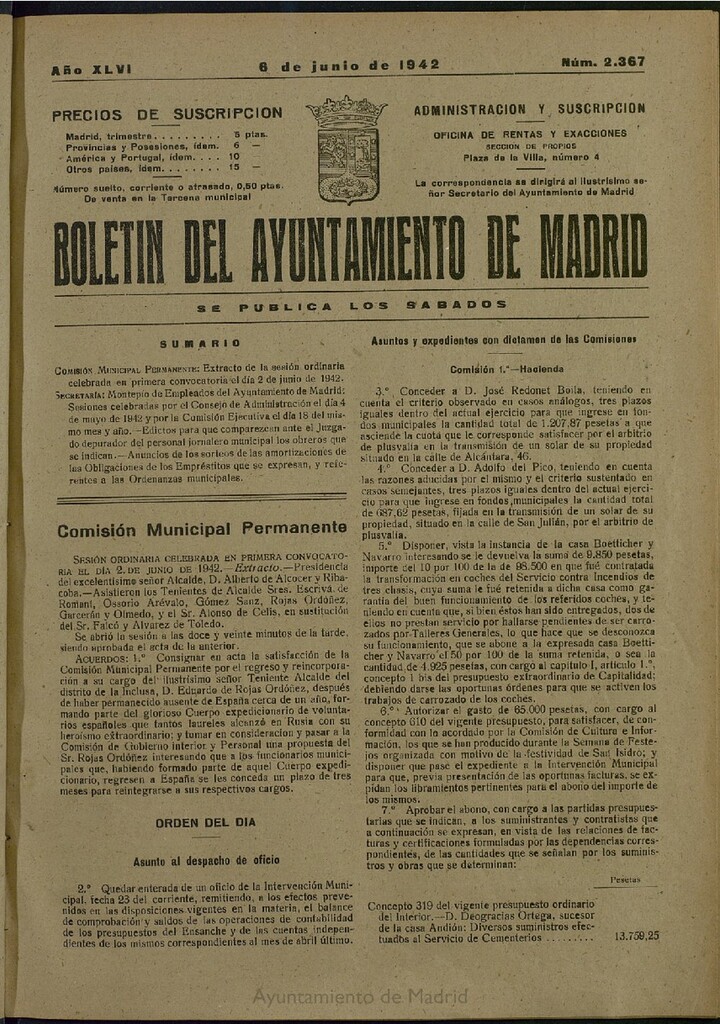 Miniatura de Boletín Oficial del Ayuntamiento de Madrid del 6 de junio de 1942, nº 2367