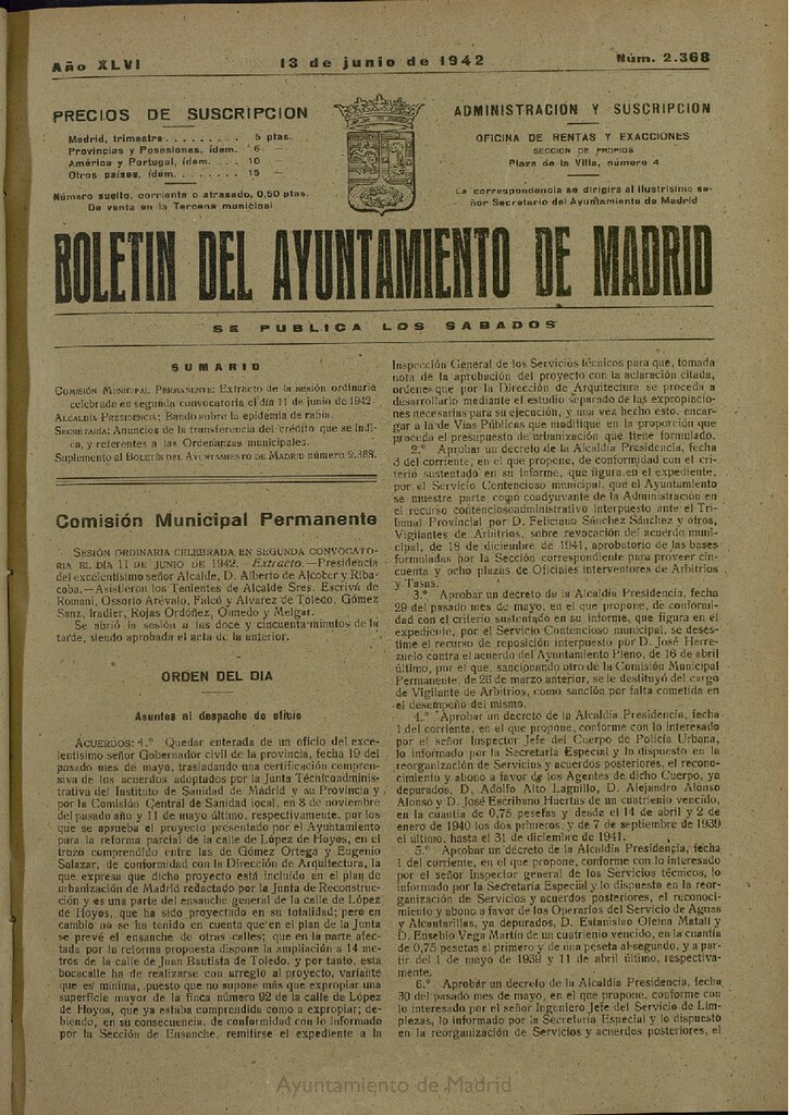 Miniatura de Boletín Oficial del Ayuntamiento de Madrid del 13 de junio de 1942, nº 2368