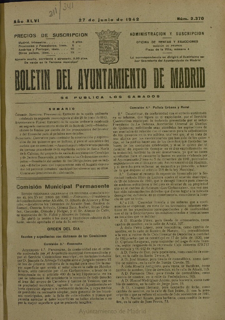 Miniatura de Boletín Oficial del Ayuntamiento de Madrid del 27 de junio de 1942, nº 2370