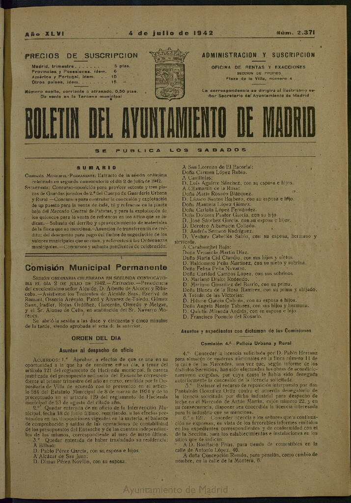 Miniatura de Boletín Oficial del Ayuntamiento de Madrid del 4 de julio de 1942, nº 2371