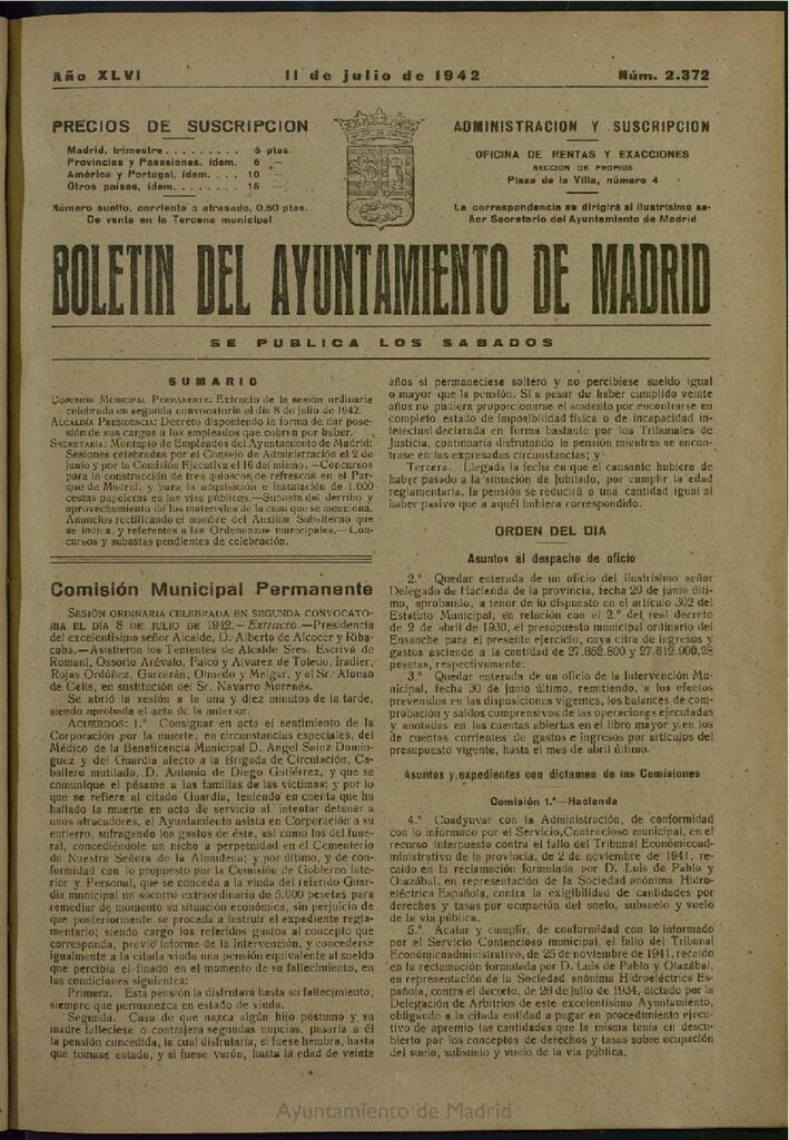 Miniatura de Boletín Oficial del Ayuntamiento de Madrid del 11 de julio de 1942, nº 2372