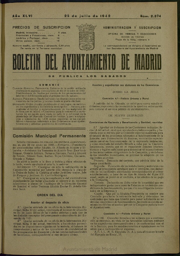 Miniatura de Boletín Oficial del Ayuntamiento de Madrid del 25 de julio de 1942, nº 2374